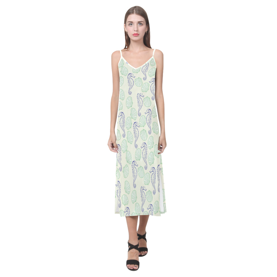 Seahorse shell pattern V-Neck Open Fork Long Dress