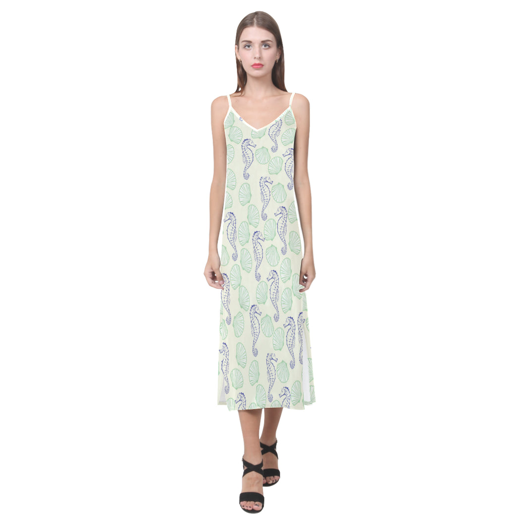 Seahorse shell pattern V-Neck Open Fork Long Dress