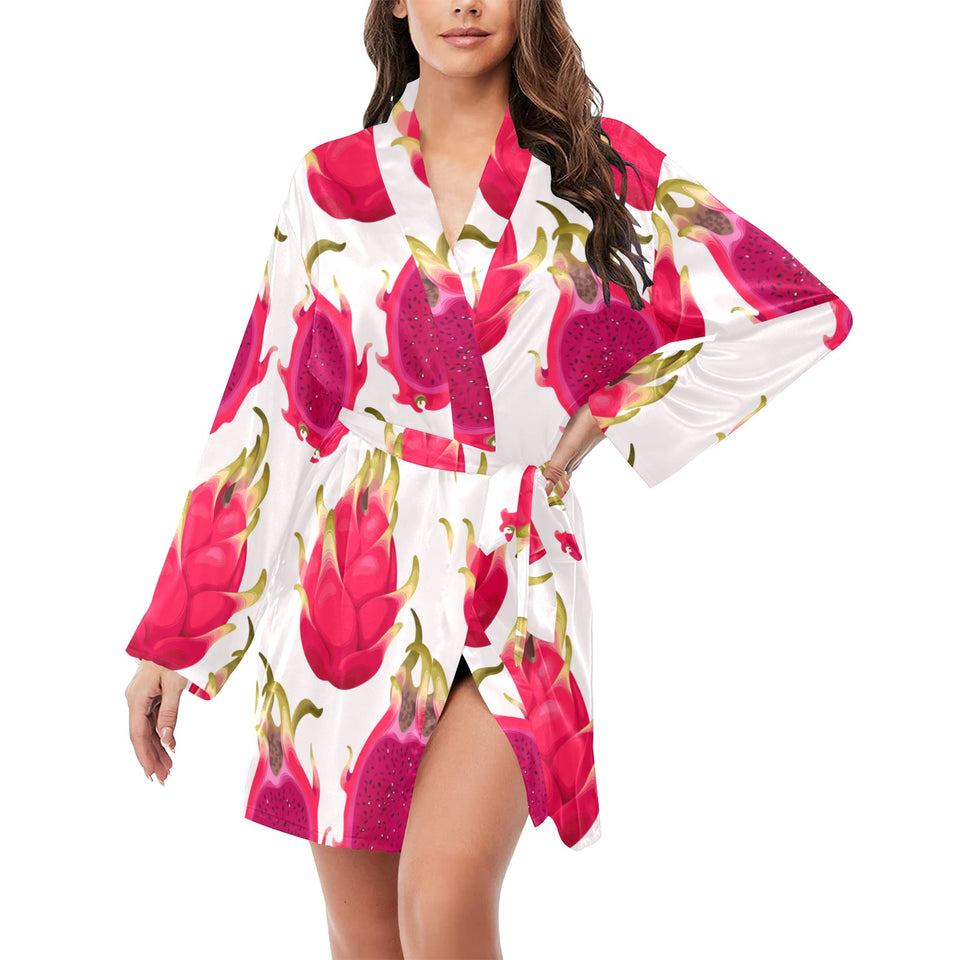 dragon fruits design pattern Women's Long Sleeve Belted Night Robe