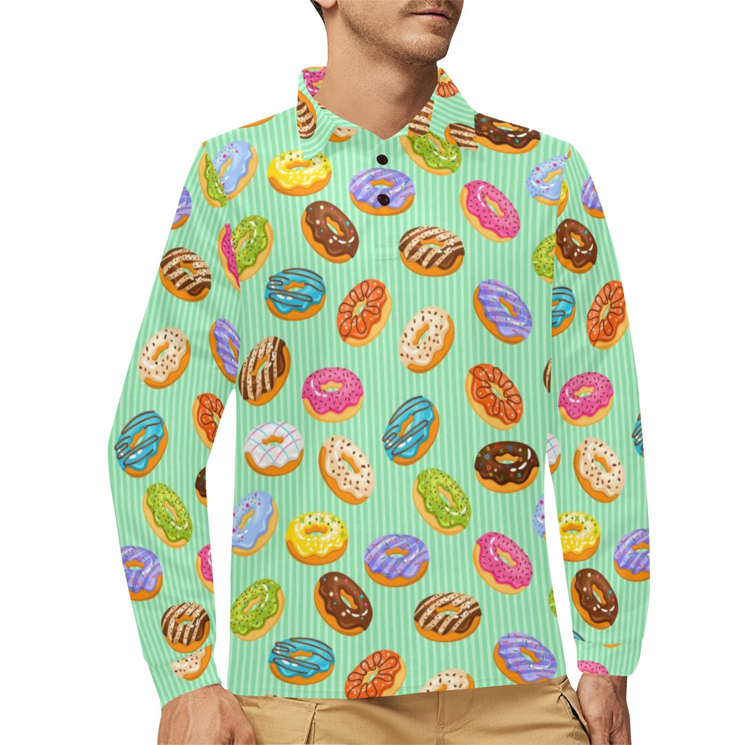 Colorful donut pattern green background Men's Long Sleeve Polo Shirt