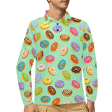 Colorful donut pattern green background Men's Long Sleeve Polo Shirt