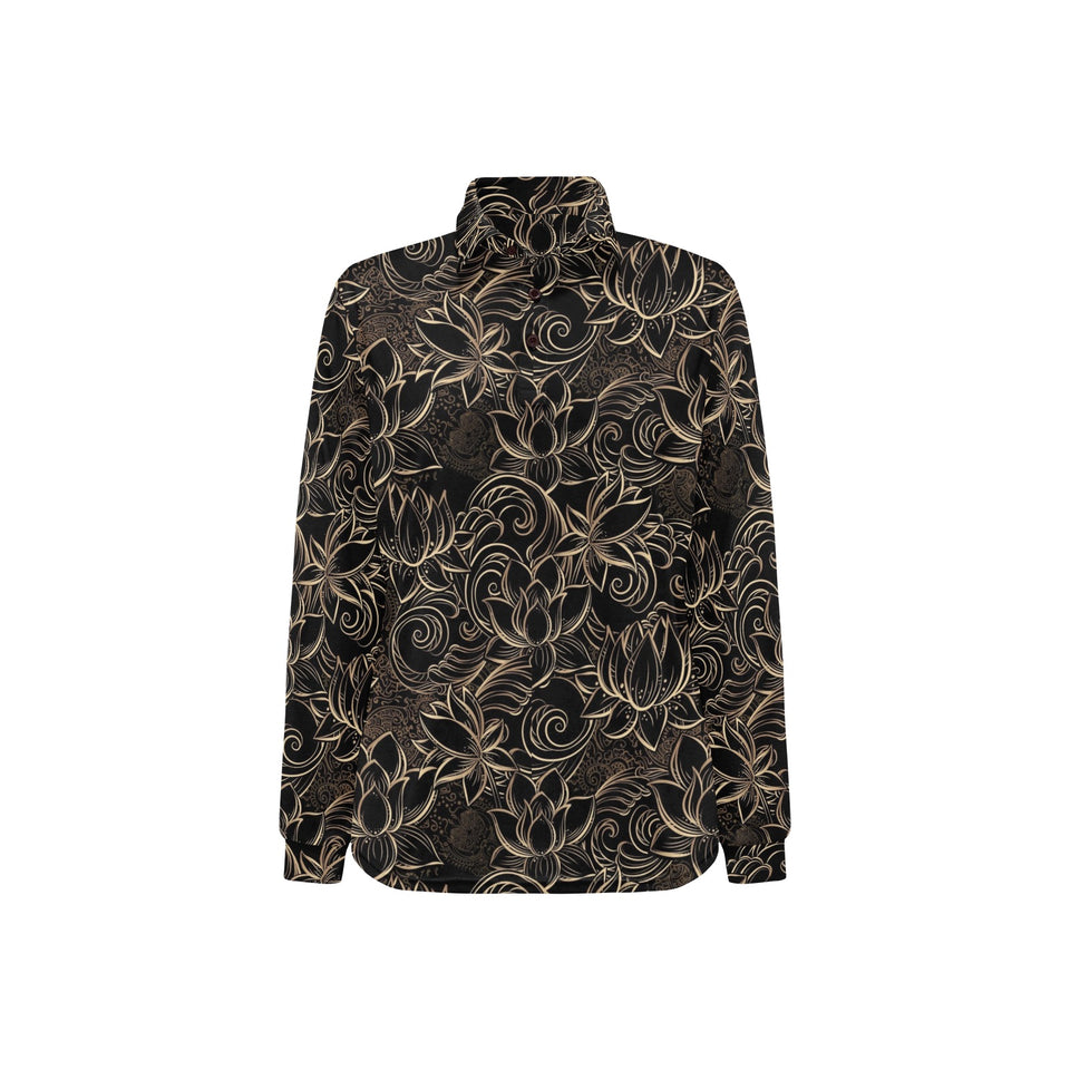 luxurious gold lotus waterlily black background Women's Long Sleeve Polo Shirt