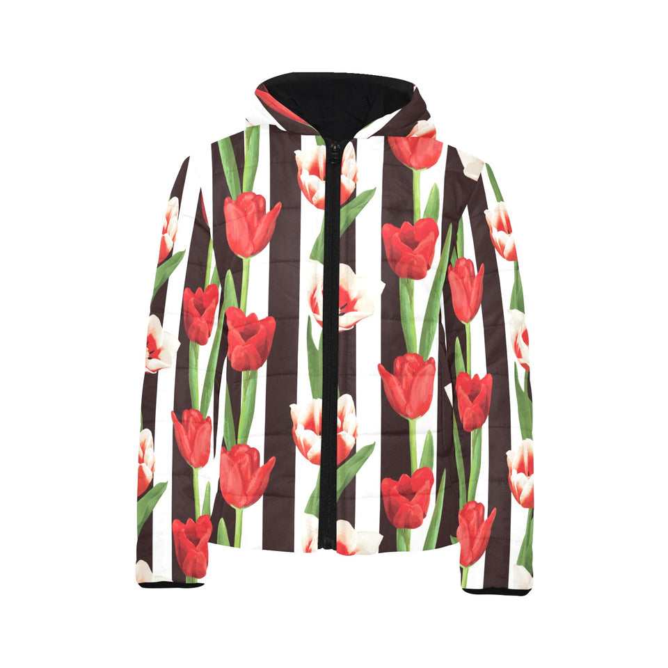red and white tulips pattern Kids' Boys' Girls' Padded Hooded Jacket