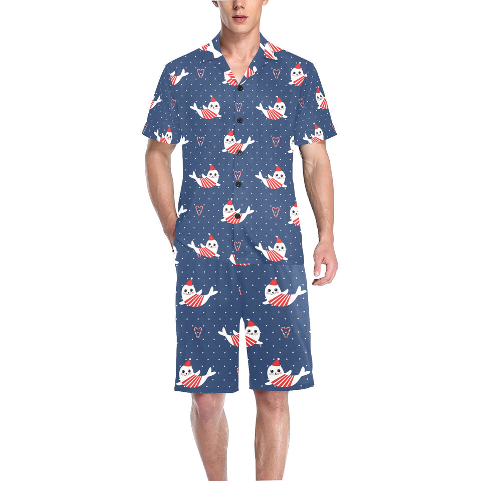 Cute sea lion seal christmas hat candy cane heart Men's V-Neck Short Pajama Set
