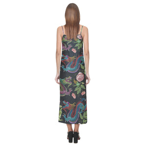 Dragons flower pattern V-Neck Open Fork Long Dress