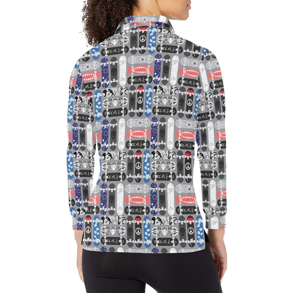 Skate Board Pattern Print Design 04 Women's Long Sleeve Polo Shirt