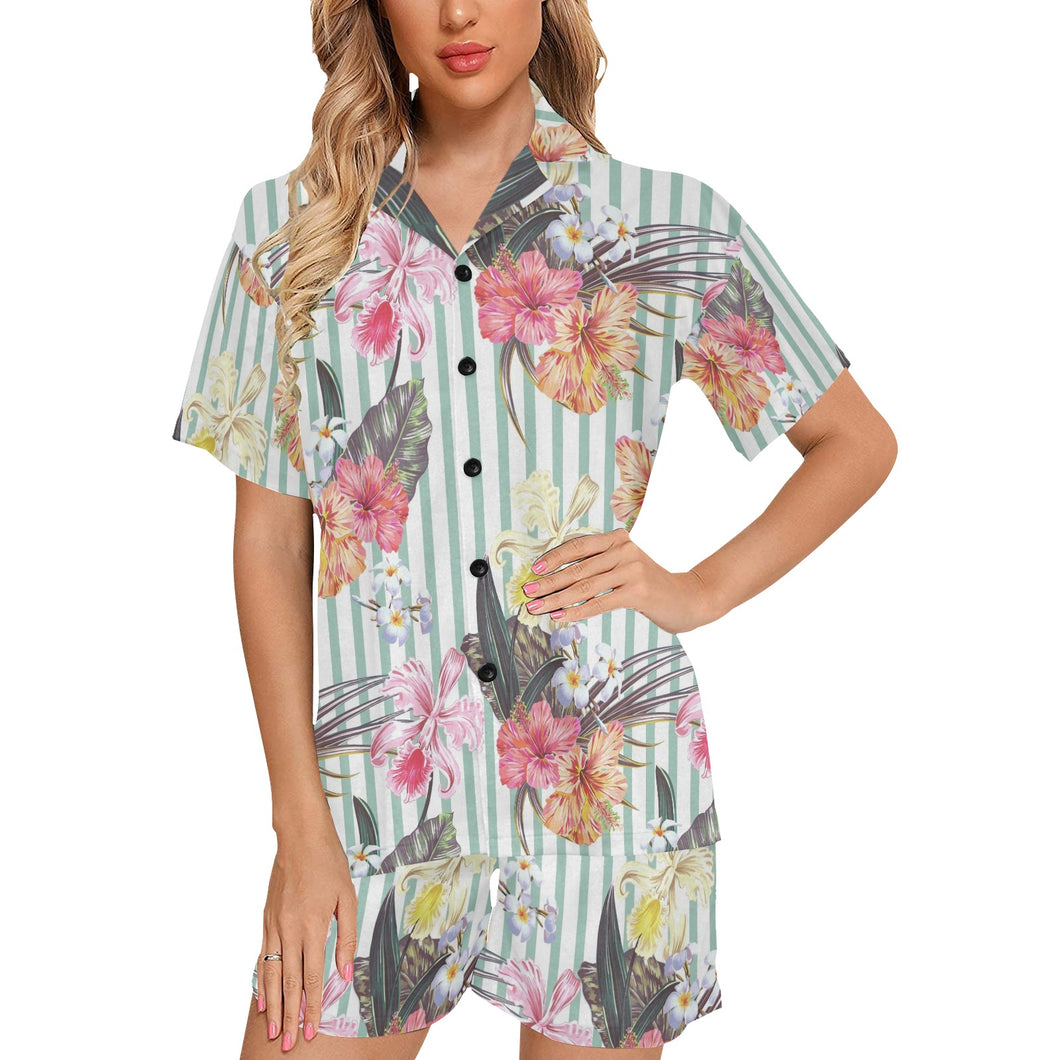 Colorful orchid flower pattern Women's V-Neck Short Pajama Set