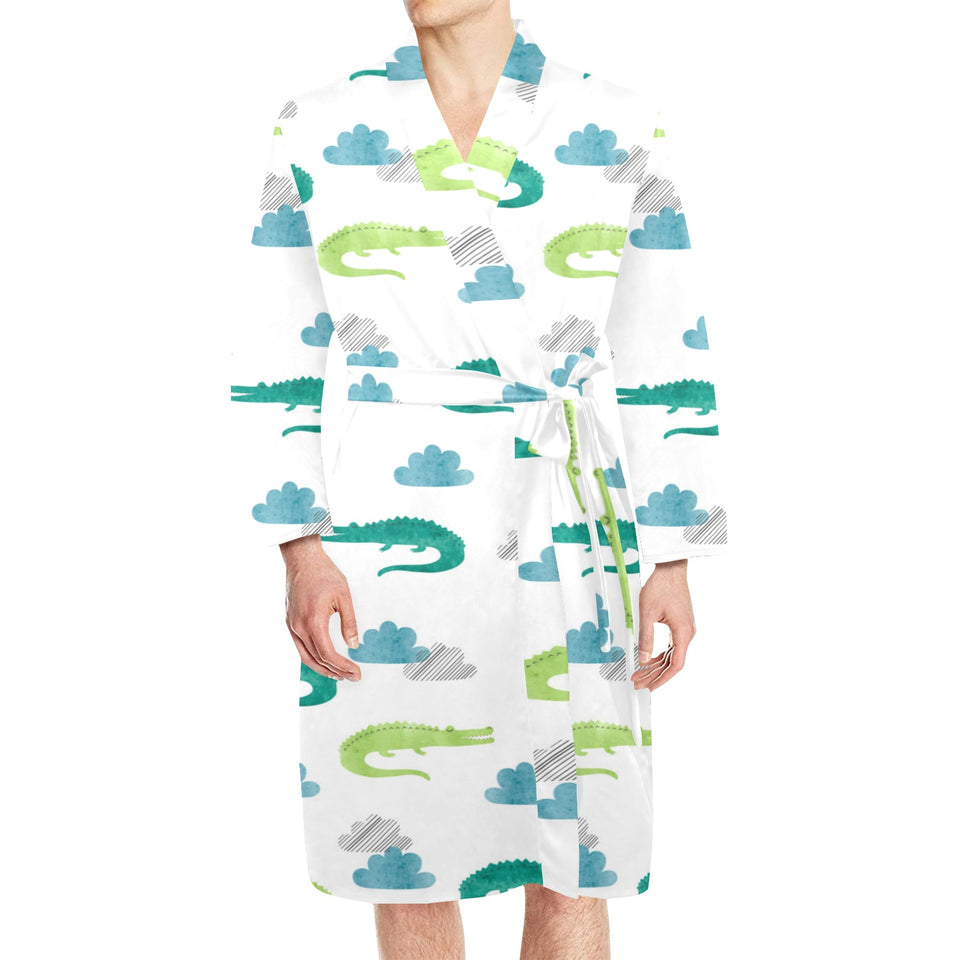 watercolor crocodile pattern Men's Long Sleeve Belted Night Robe