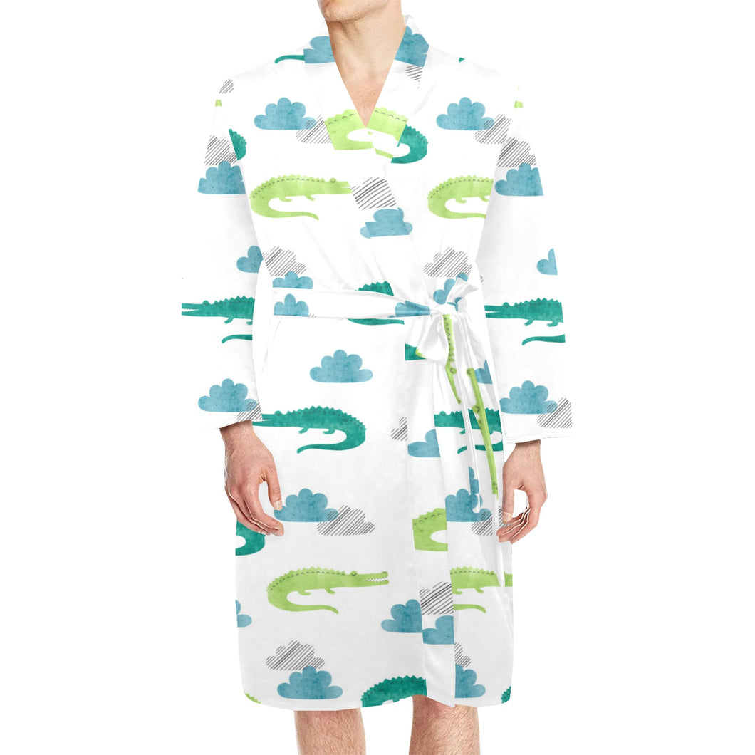 watercolor crocodile pattern Men's Long Sleeve Belted Night Robe