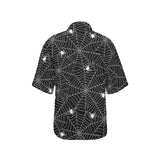 Spider web design pattern Black background white c Women's All Over Print Hawaiian Shirt