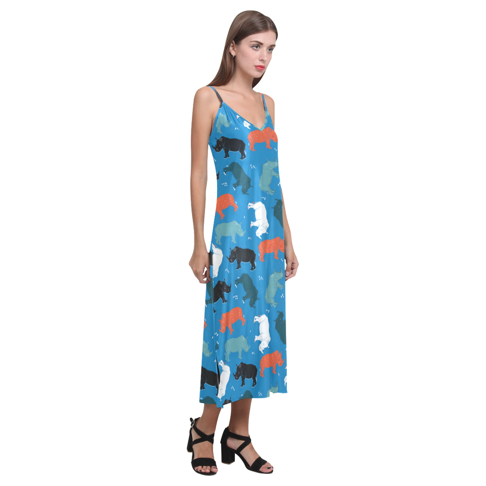 Colorful rhino pattern V-Neck Open Fork Long Dress