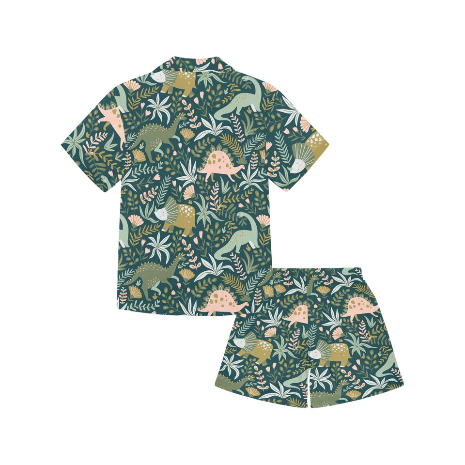 dinosaurs tropical leaves flower pattern Kids' Boys' Girls' V-Neck Short Pajama Set