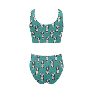 Hand drawn boston terrier dog pattern Chest Bowknot High Waisted Bikini Swimsuit