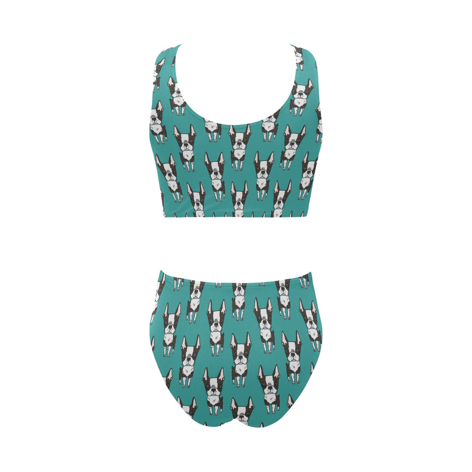 Hand drawn boston terrier dog pattern Chest Bowknot High Waisted Bikini Swimsuit