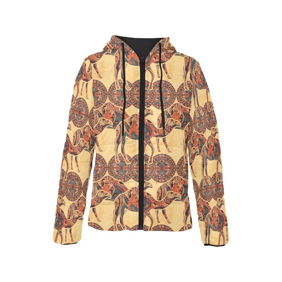 Camel polynesian tribal design pattern Women's Padded Hooded Jacket
