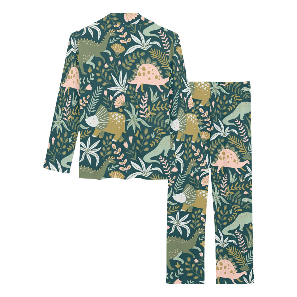 dinosaurs tropical leaves flower pattern Women's Long Pajama Set