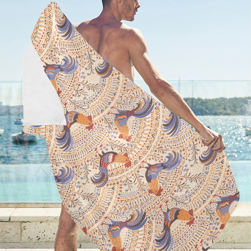 Cute rooster chicken cock floral ornament backgrou Beach Towel