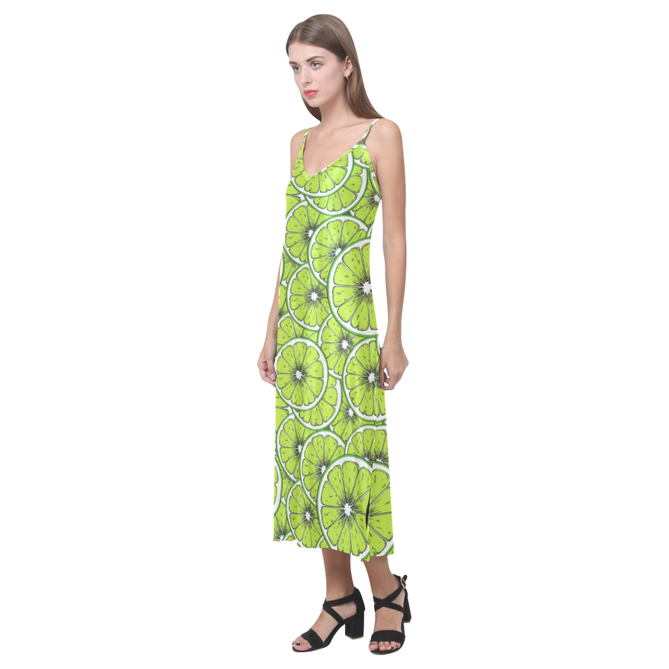 Slices of Lime design pattern V-Neck Open Fork Long Dress
