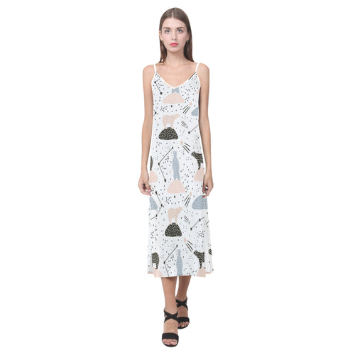 Polar bears star poka dot pattern V-Neck Open Fork Long Dress