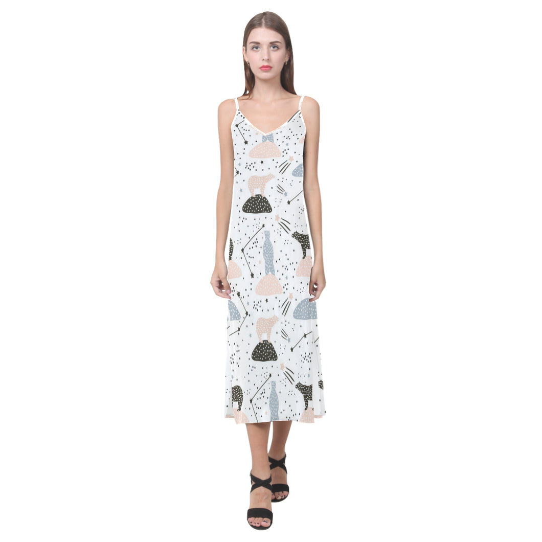 Polar bears star poka dot pattern V-Neck Open Fork Long Dress
