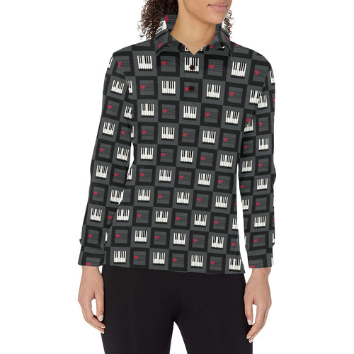 Piano Pattern Print Design 05 Women's Long Sleeve Polo Shirt