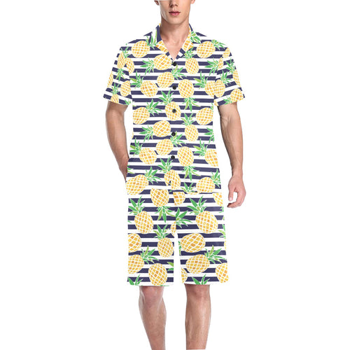 Pineapples pattern striped background Men's V-Neck Short Pajama Set