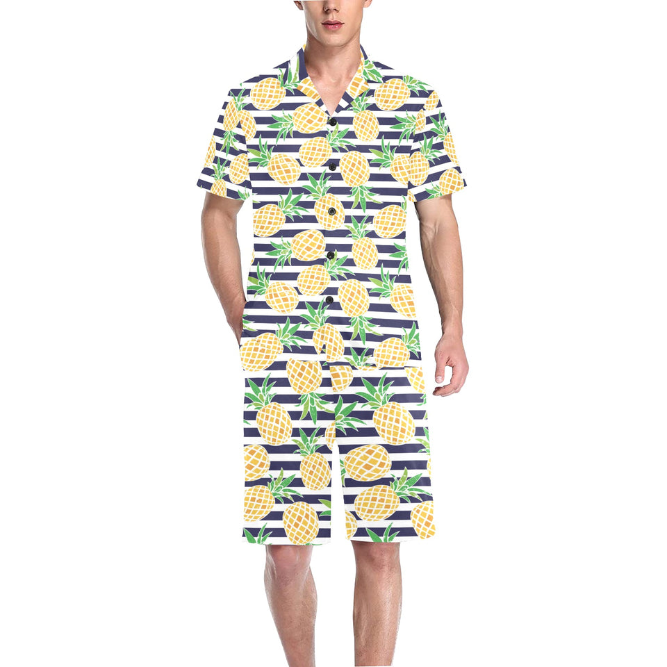 Pineapples pattern striped background Men's V-Neck Short Pajama Set