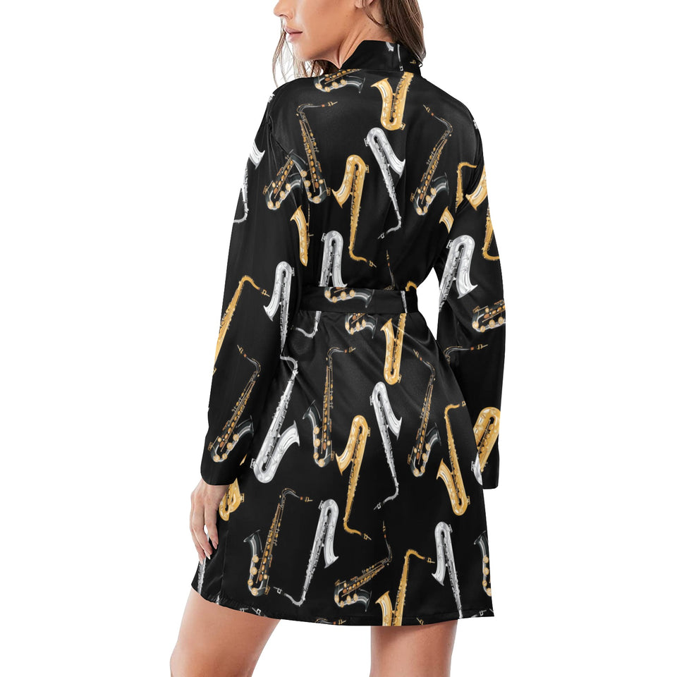 saxophone design pattern Women's Long Sleeve Belted Night Robe