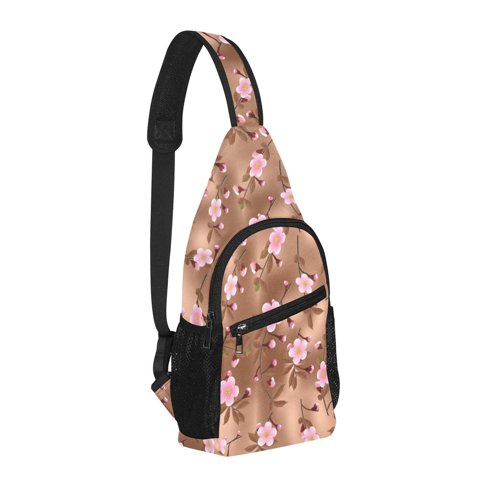 Pink sakura cherry blossom drak brown background All Over Print Chest Bag