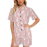 Cute white rabbit flower pink background Women's V-Neck Short Pajama Set