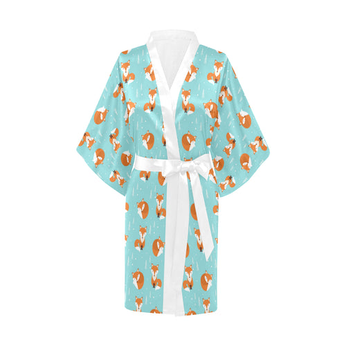 Fox pattern blue b ackground Women's Short Kimono Robe
