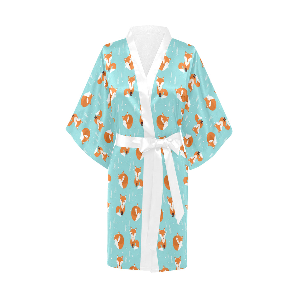 Fox pattern blue b ackground Women's Short Kimono Robe