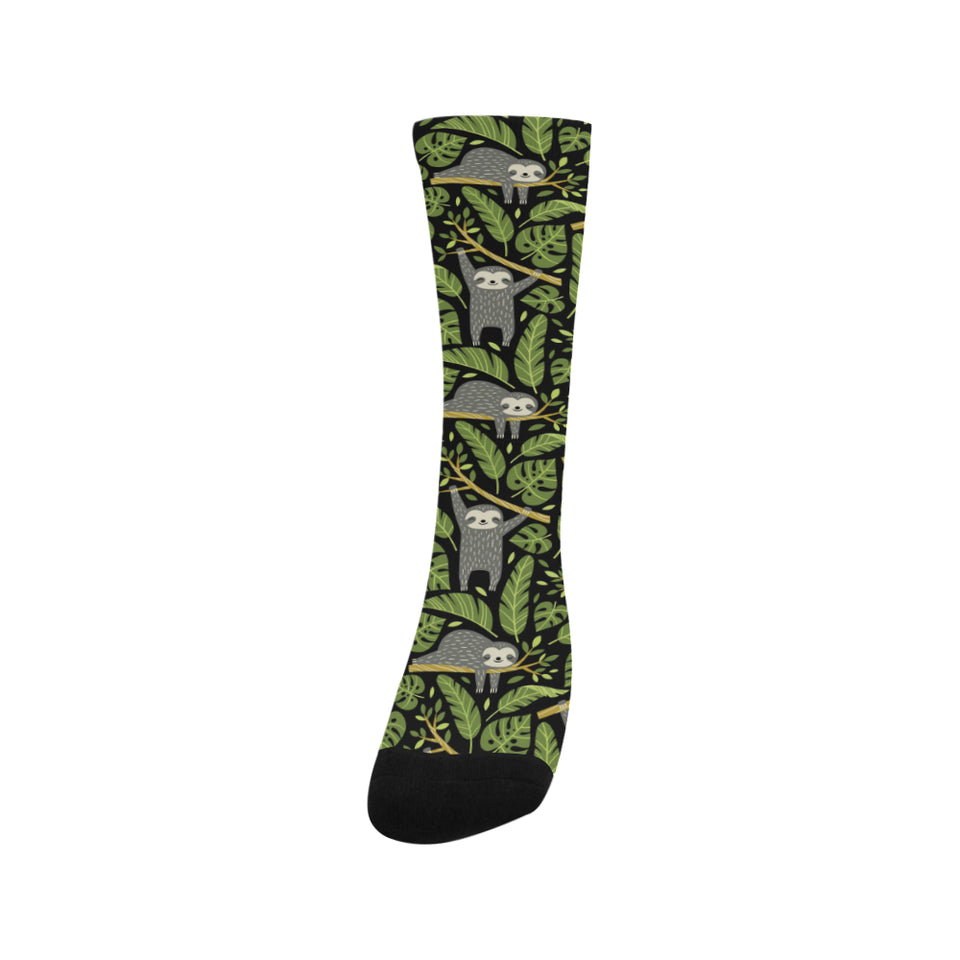 Cute sloths tropical palm leaves black background Crew Socks