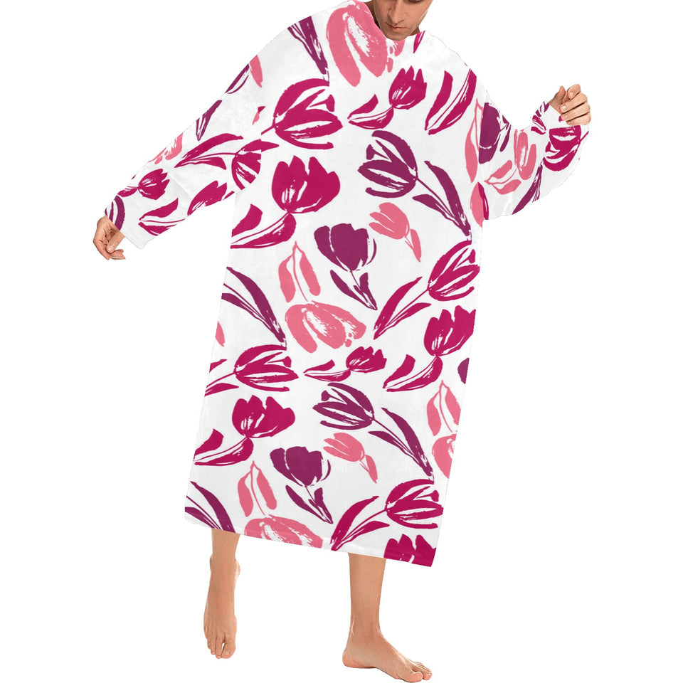 pink sketch tulip pattern Blanket Robe with Sleeves
