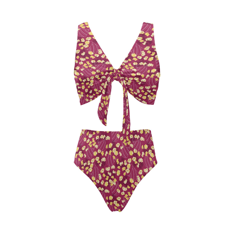 Popcorn Pattern Print Design 02 Chest Bowknot High Waisted Bikini Swimsuit