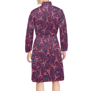 Eiffel Tower Heart Pattern Print Design 04 Men's Long Sleeve Belted Night Robe