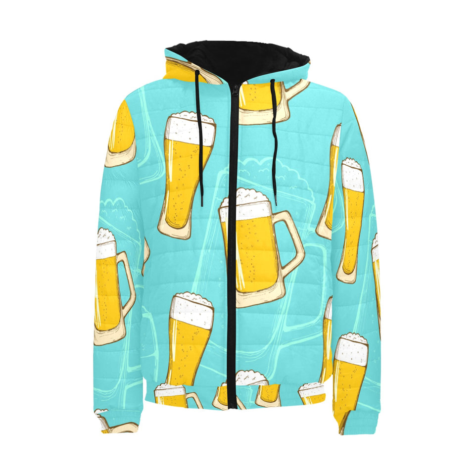 Beer pattern green background Men's Padded Hooded Jacket