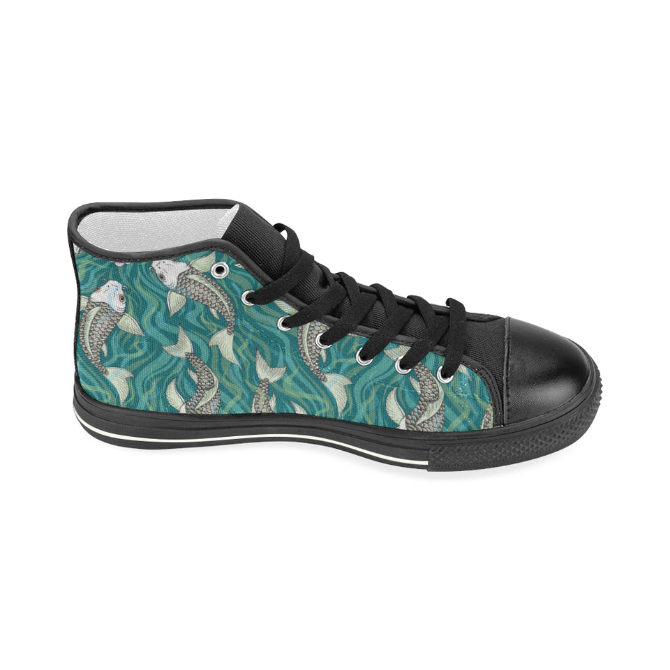Koi Fish Carp Fish lotus pattern Women's High Top Canvas Shoes Black