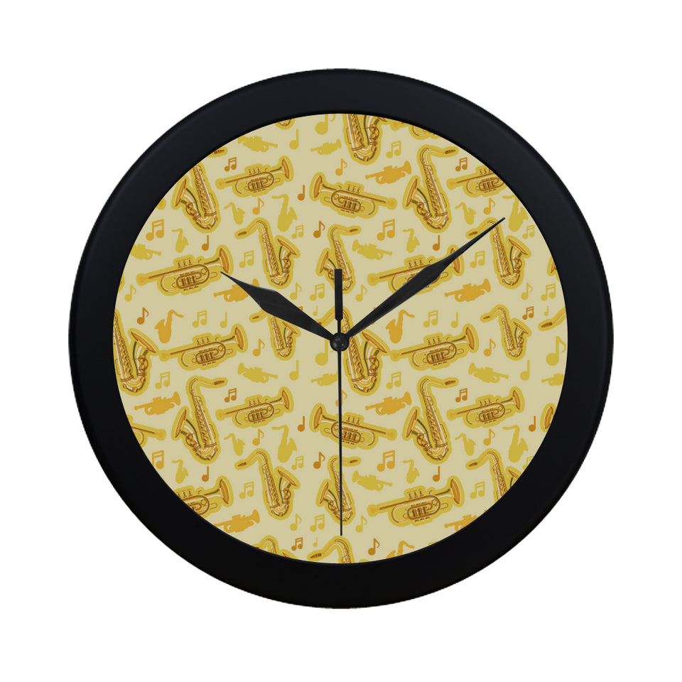 Saxophone cornet pattern yellow background Elegant Black Wall Clock
