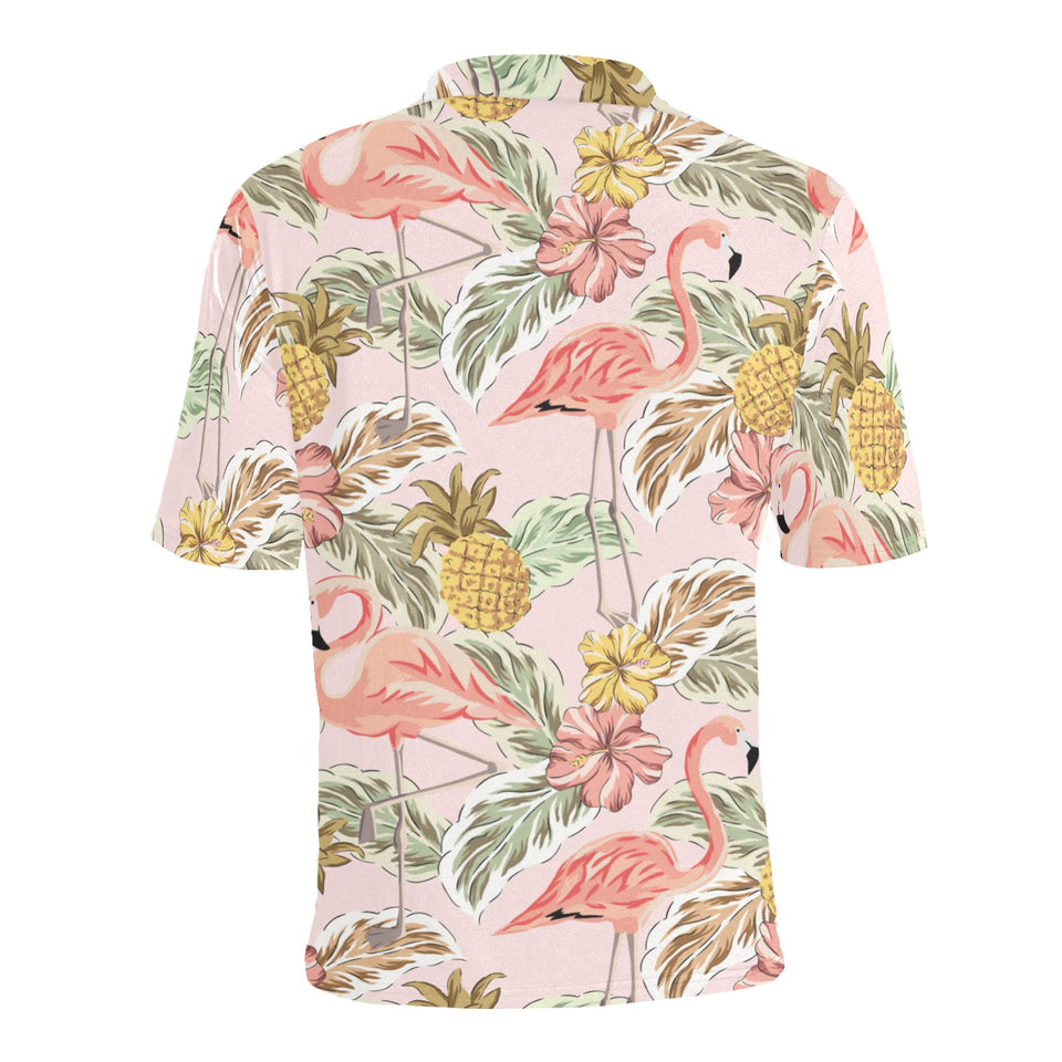 Pink flamingo birds pineapples hibiscus flower pat Men's All Over Print Polo Shirt