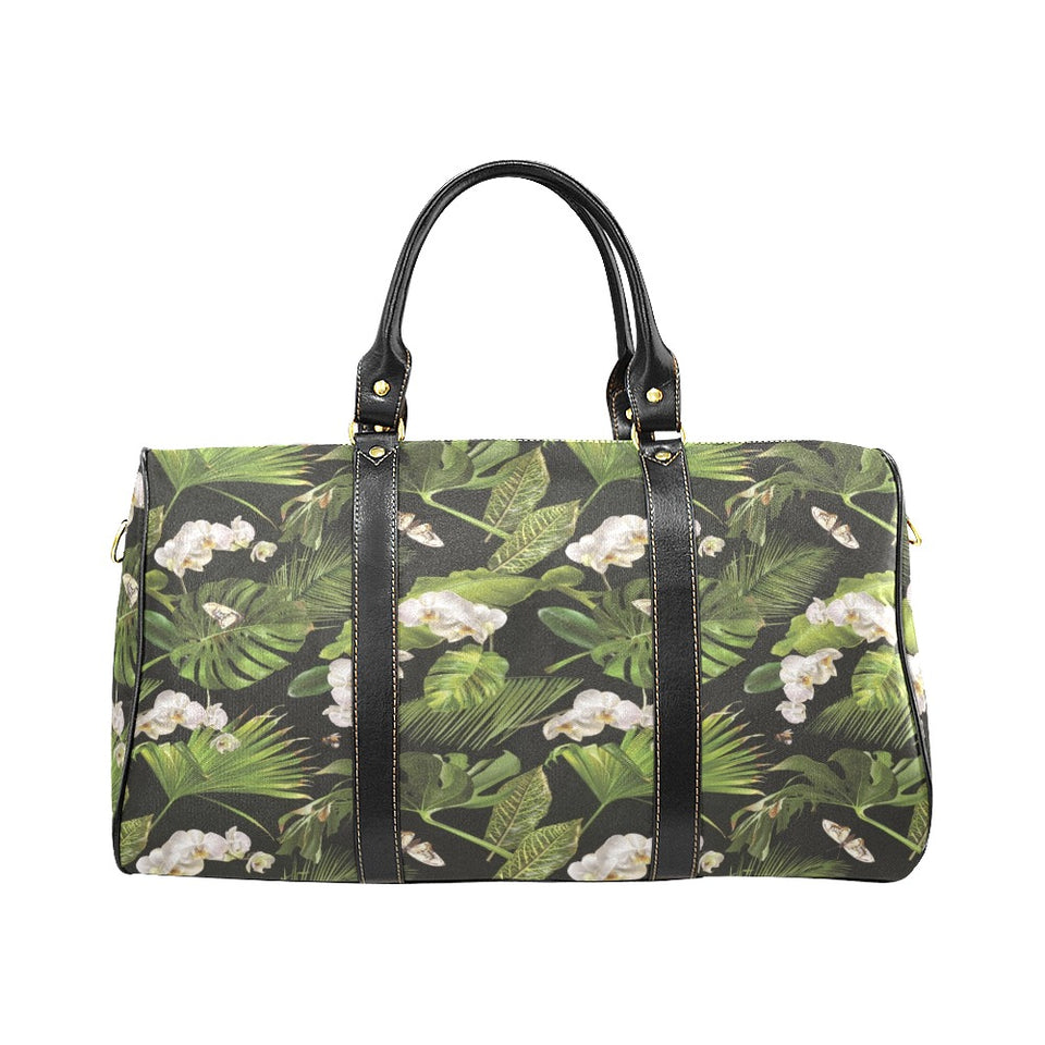 White orchid flower tropical leaves pattern blackg Travel Bag