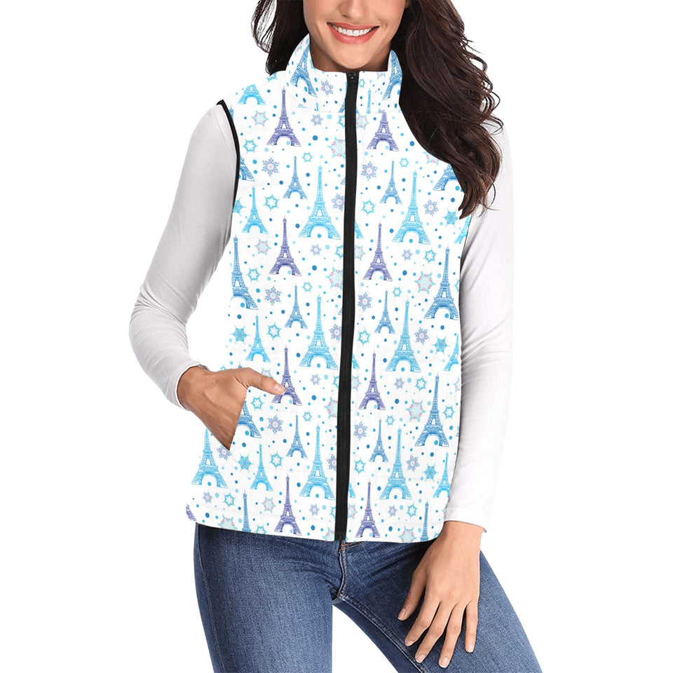 Blue Eiffel Tower Theme Pattern Print Design 01 Women's Padded Vest