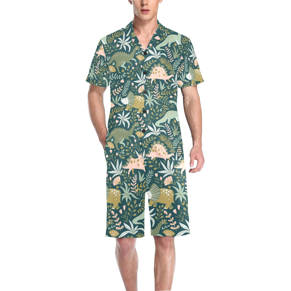 dinosaurs tropical leaves flower pattern Men's V-Neck Short Pajama Set