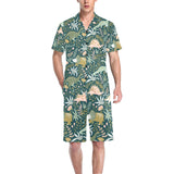 dinosaurs tropical leaves flower pattern Men's V-Neck Short Pajama Set