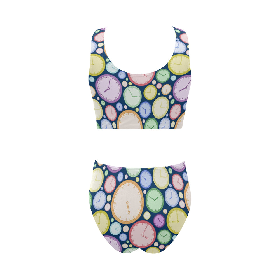Colorful clock background Chest Bowknot High Waisted Bikini Swimsuit