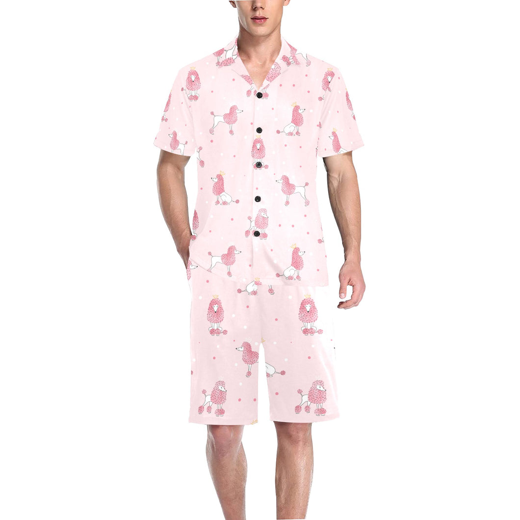 Poodle dog pink color theme Men's V-Neck Short Pajama Set