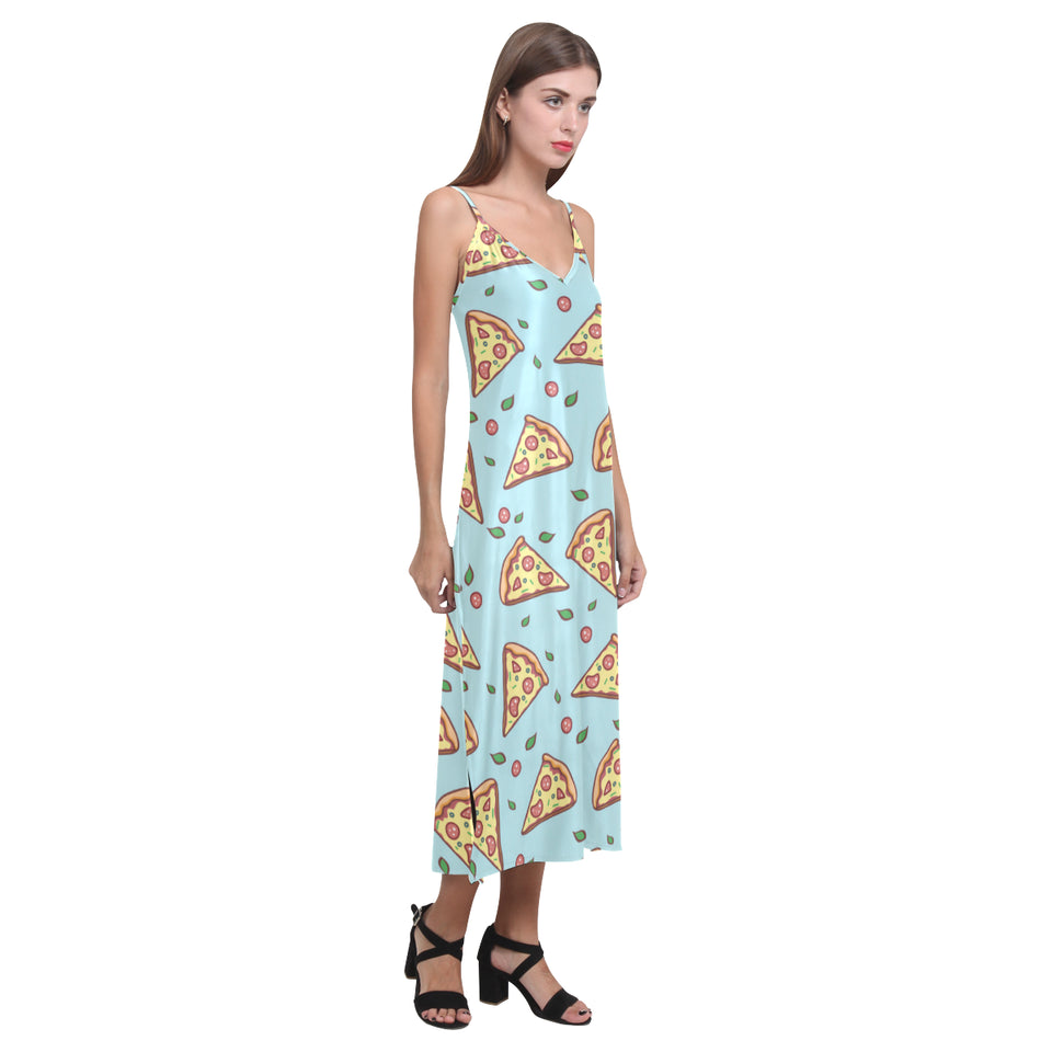Hand drawn pizza blue background V-Neck Open Fork Long Dress