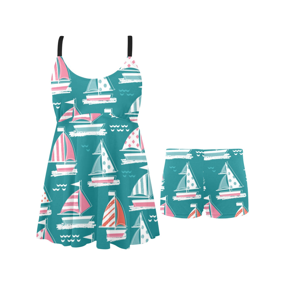 Cute sailboat pattern Chest Sexy Pleated Two Piece Swim Dress