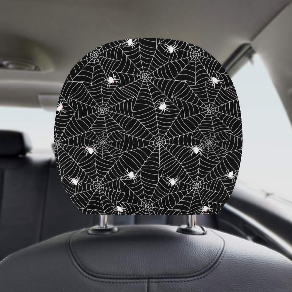 Spider web design pattern Black background white c Car Headrest Cover