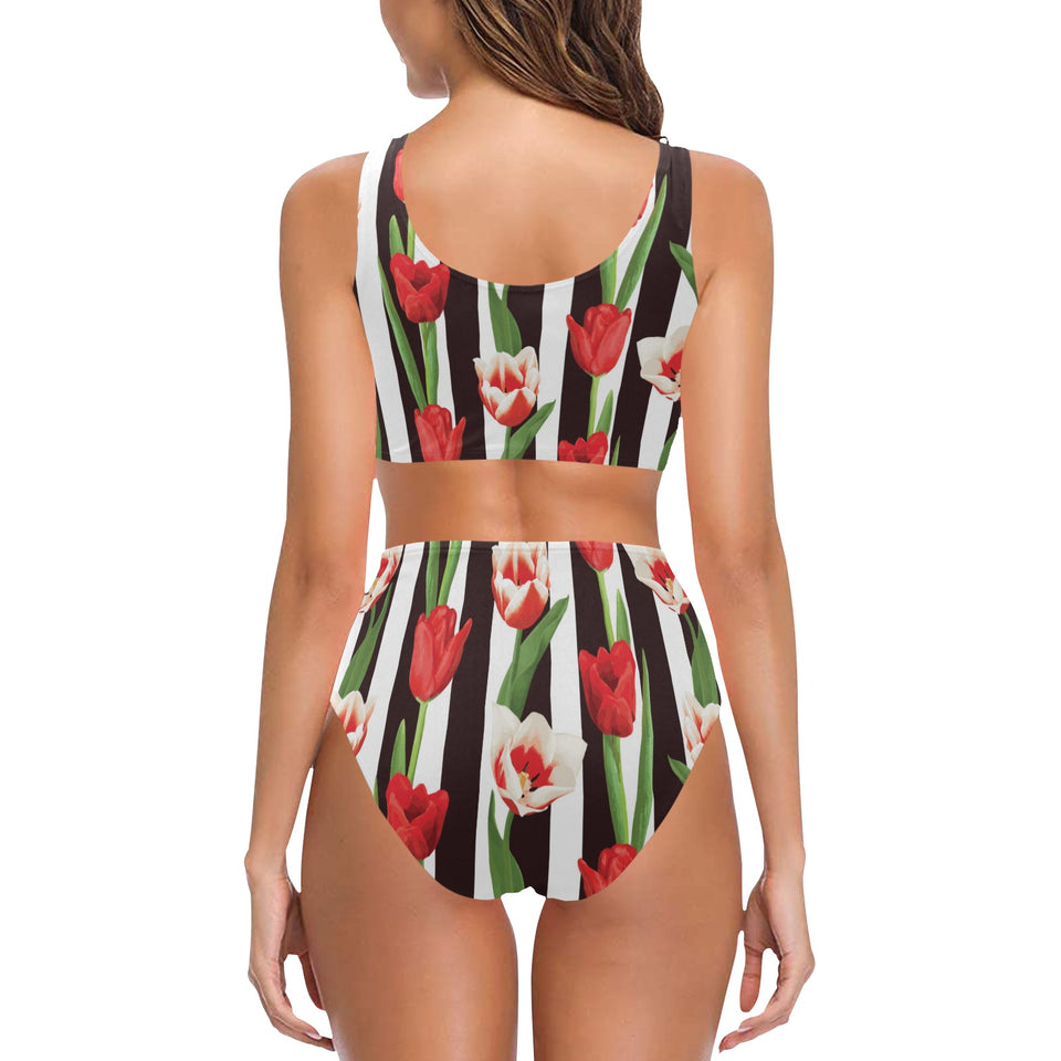 red and white tulips pattern Chest Bowknot High Waisted Bikini Swimsuit